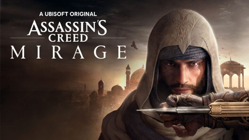 The image is the official cover art for the video game Assassin’s Creed Mirage by Ubisoft, featuring the hooded protagonist Basim holding a hidden blade against a backdrop of an ancient Middle Eastern city at dusk.