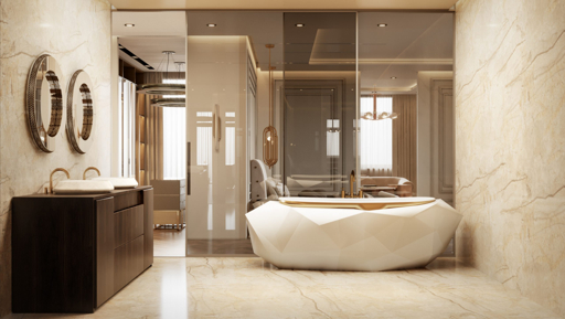 Contemporary luxury bathroom with freestanding bath, vanity and walk-in shower