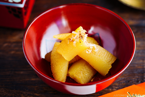 Bowl of golden roe topped with bonito flakes