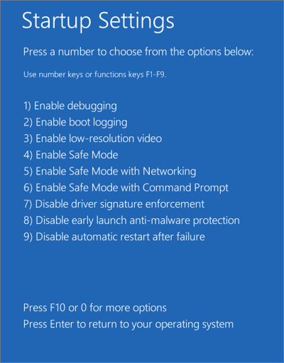 Windows Safe Mode startup settings