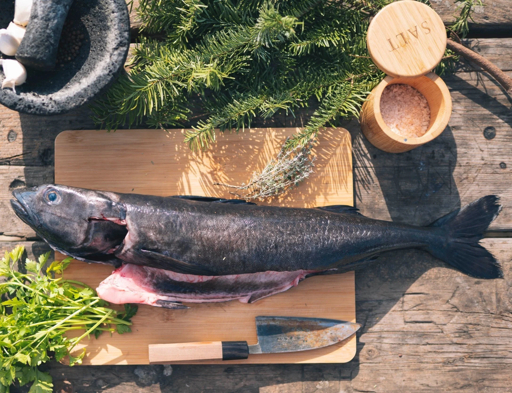 Whole sablefish opened to show pale flesh on a board