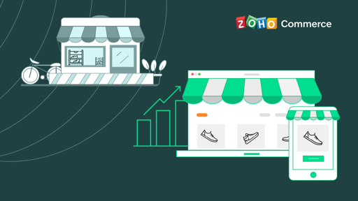 Illustration showing a physical store connected to ecommerce website and mobile app