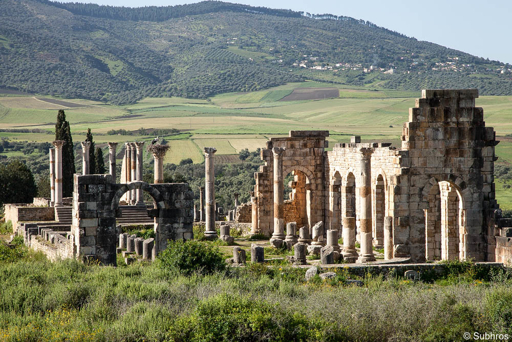 Roman Basilica and stone columns at Volubilis archaeological site Morocco