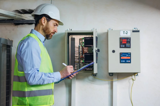 Profissional inspecionando e documentando um quadro elétrico — foto ilustrativa